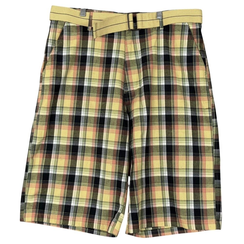 Red Ape Plaid Shorts Mens XL Yellow Plaid Black Y2K Skater Relaxed Vtg w Belt